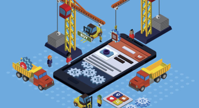 Mobile app development flat isometric vector Top Mobile App Developers USA
