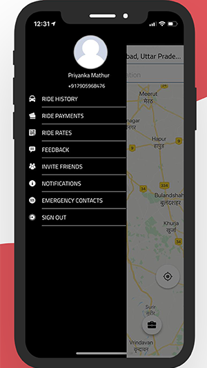 justtaxi app user page option