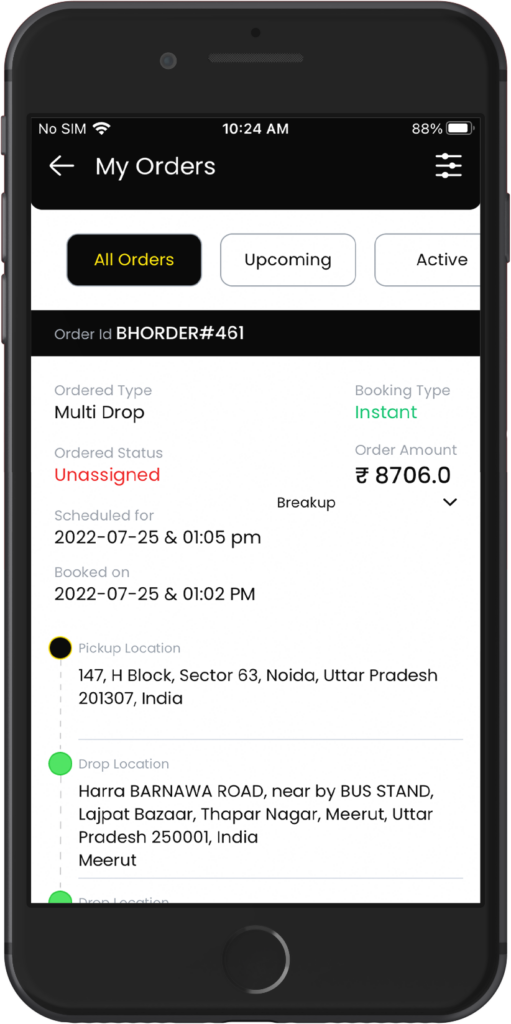 Bhada express order details with time tracking