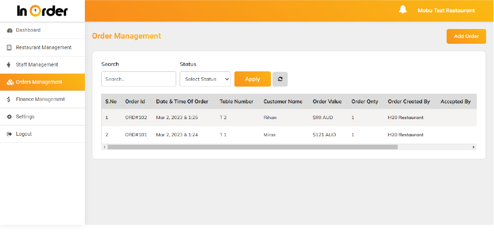 Inorder website feature Manage all the menus, orders, and reports through a single panel
