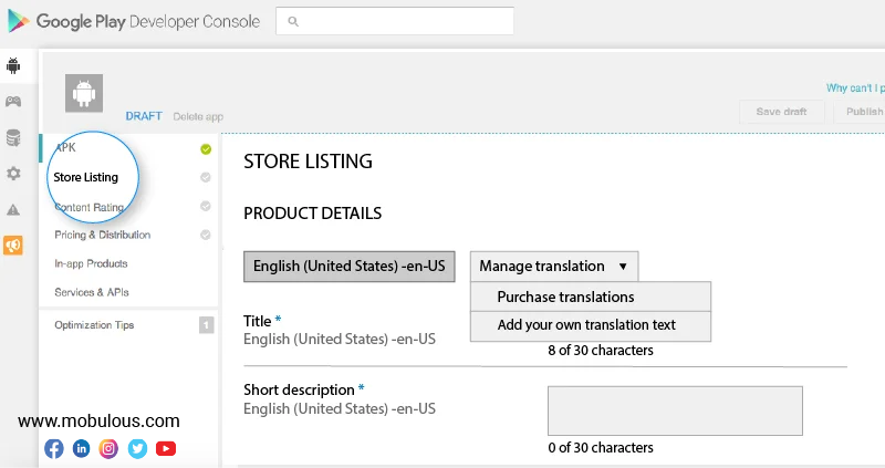 Load the Android Package Kit store listing panel