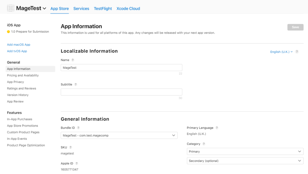 Apple store submit -mage test apple store app information