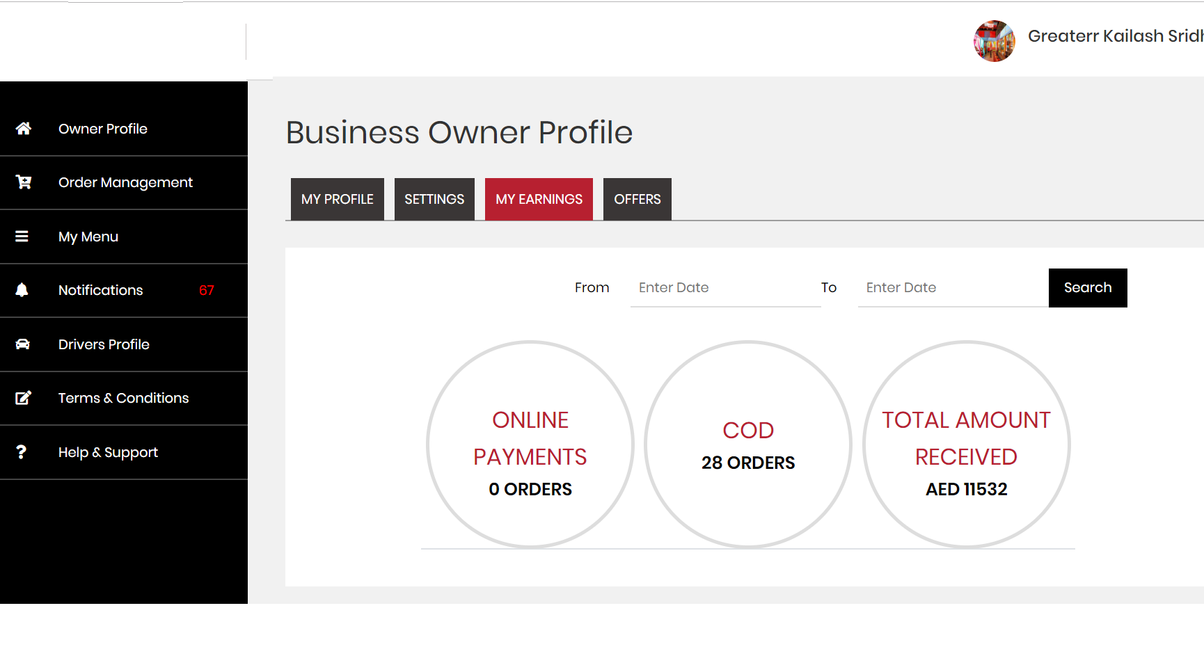 Dashboard view Restaurant Earnings