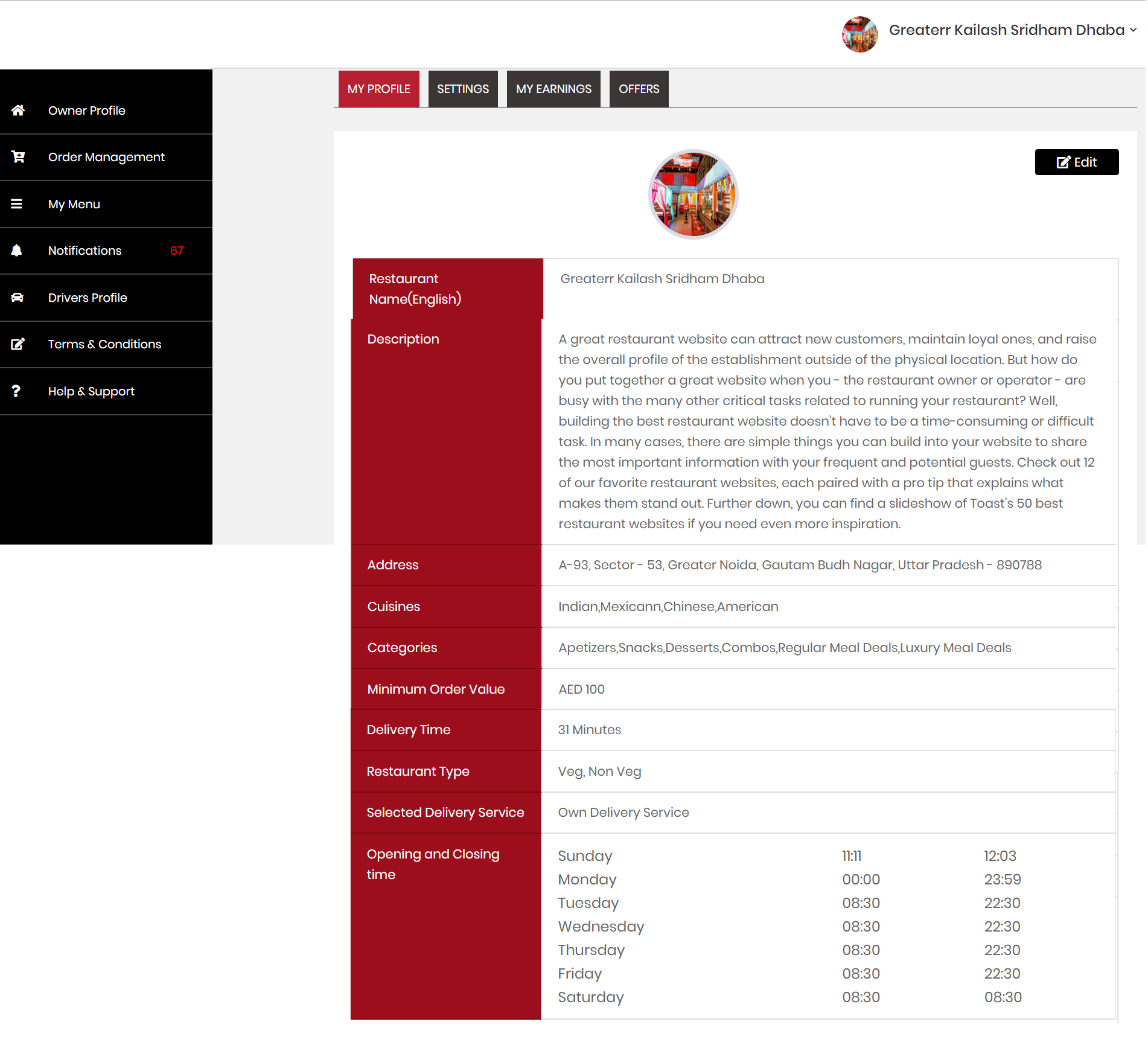 Restaurant Owner Dashboard view