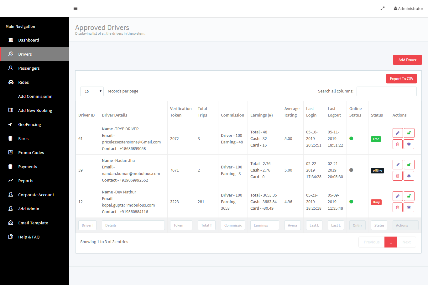 Business Admin Dashboard Driver Management