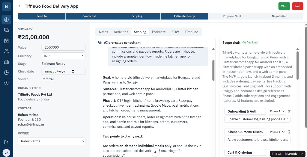 AI pre-sales consultant scoping a deal in the internal Lovable sales tool